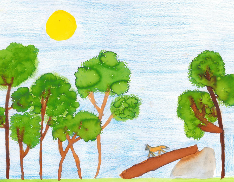 Dessin en couleur d'un renard sur un tronc dans une forêt
